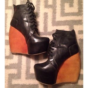 Leather black wedge booties boots